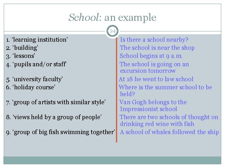 School: an example 24 1. ‘learning institution’ 2. ‘building’ 3. ‘lessons’ 4. ‘pupils and/or