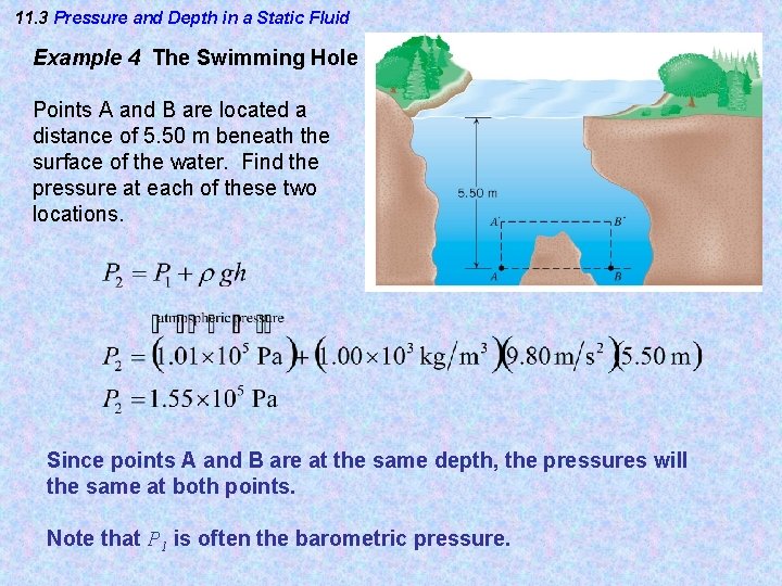 11. 3 Pressure and Depth in a Static Fluid Example 4 The Swimming Hole 11. 3 Pressure and Depth in a Static Fluid Example 4 The Swimming Hole
