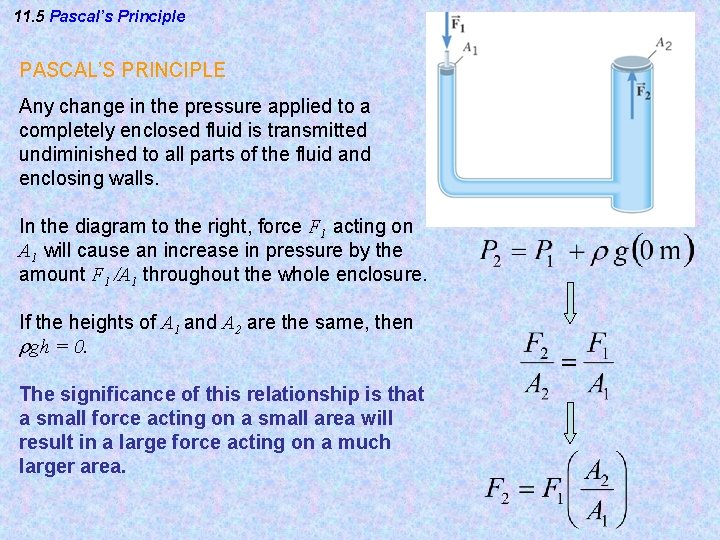 11. 5 Pascal’s Principle PASCAL’S PRINCIPLE Any change in the pressure applied to a 11. 5 Pascal’s Principle PASCAL’S PRINCIPLE Any change in the pressure applied to a