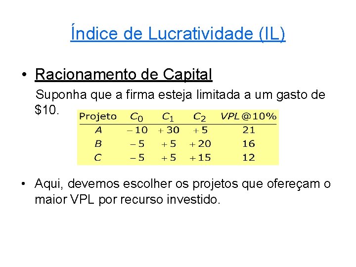 Índice de Lucratividade (IL) • Racionamento de Capital Suponha que a firma esteja limitada