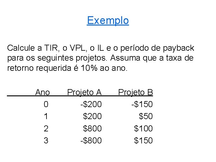 Exemplo Calcule a TIR, o VPL, o IL e o período de payback para