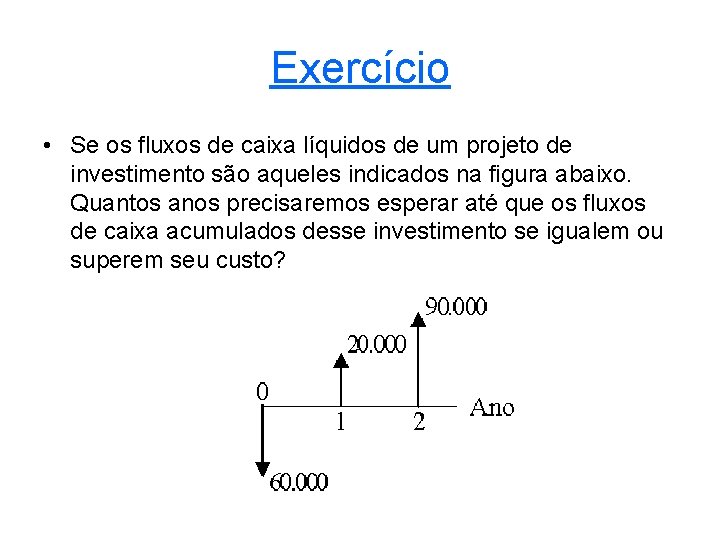 Exercício • Se os fluxos de caixa líquidos de um projeto de investimento são