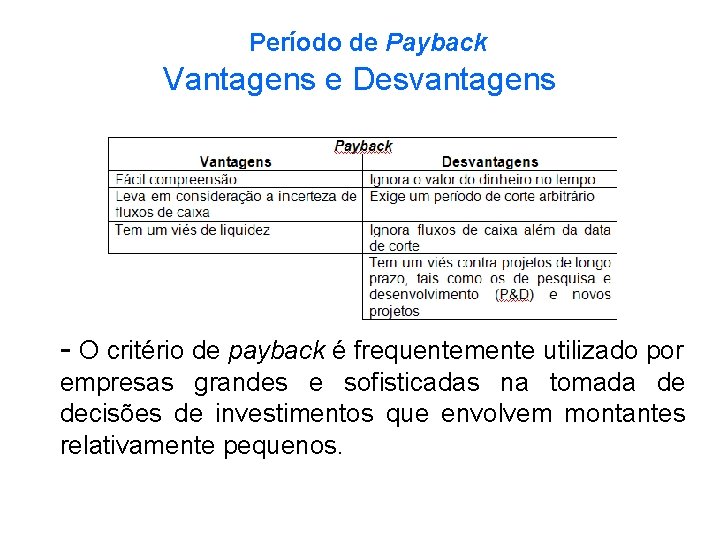 Período de Payback Vantagens e Desvantagens - O critério de payback é frequentemente utilizado