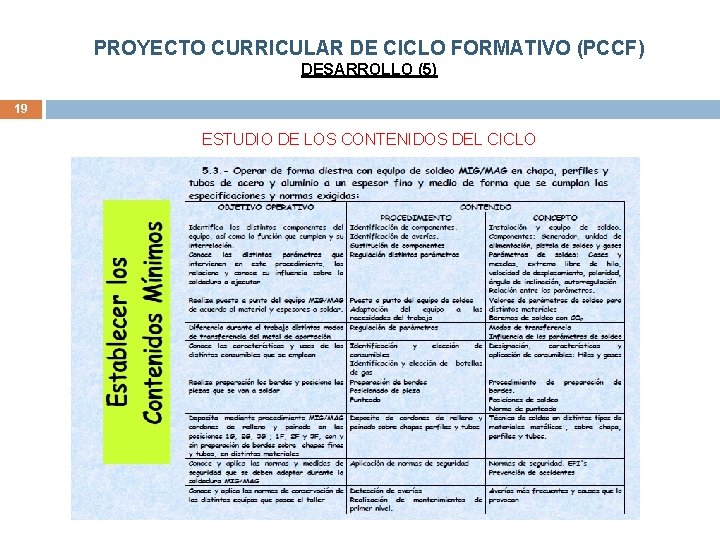 PROYECTO CURRICULAR DE CICLO FORMATIVO (PCCF) DESARROLLO (5) 19 ESTUDIO DE LOS CONTENIDOS DEL