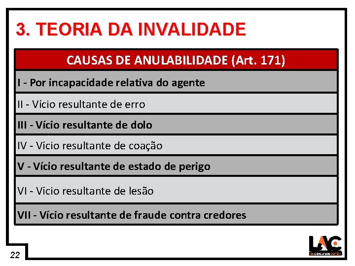 22 3. TEORIA DA INVALIDADE CAUSAS DE ANULABILIDADE (Art. 171) I - Por incapacidade