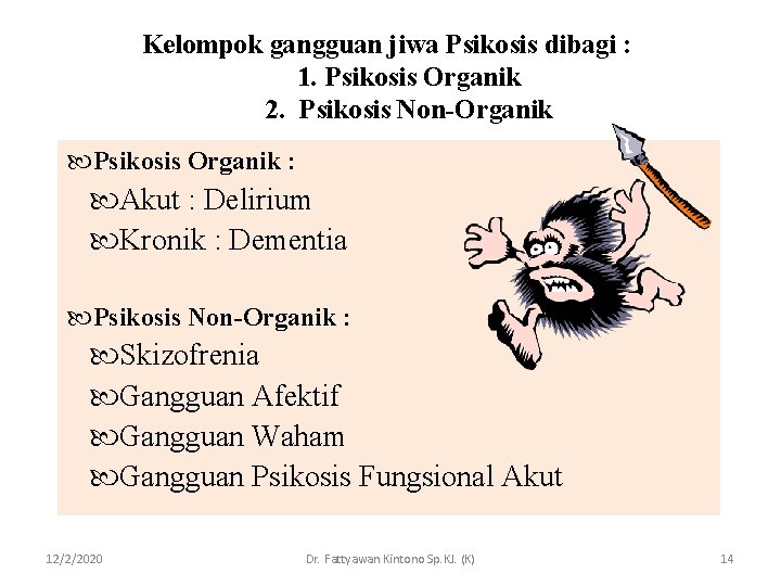 Kelompok gangguan jiwa Psikosis dibagi : 1. Psikosis Organik 2. Psikosis Non-Organik Psikosis Organik Kelompok gangguan jiwa Psikosis dibagi : 1. Psikosis Organik 2. Psikosis Non-Organik Psikosis Organik