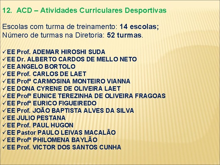 12. ACD – Atividades Curriculares Desportivas Escolas com turma de treinamento: 14 escolas; Número