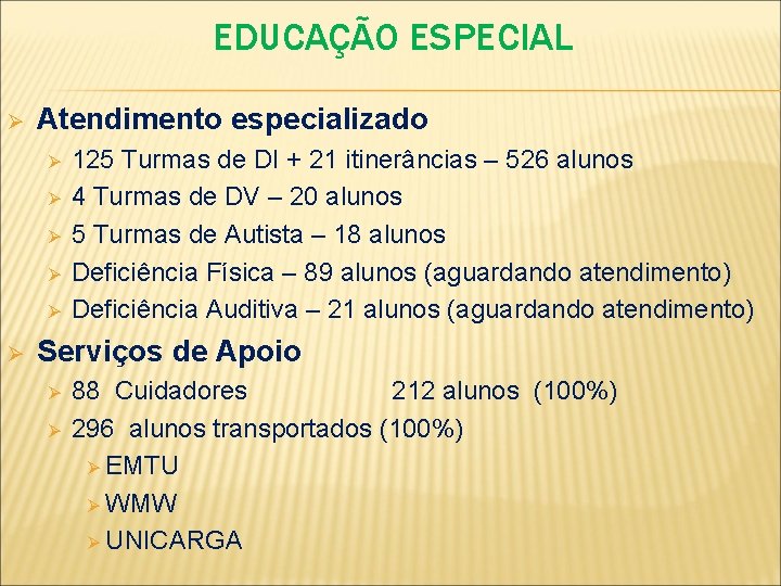 EDUCAÇÃO ESPECIAL Ø Atendimento especializado Ø Ø Ø 125 Turmas de DI + 21