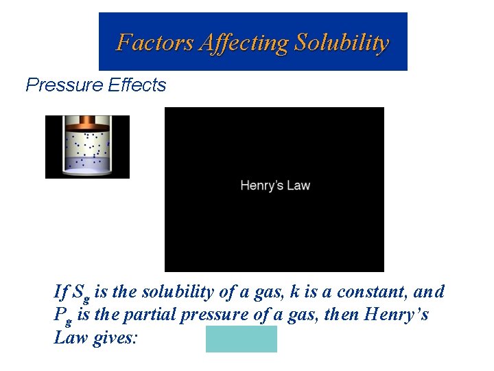 Factors Affecting Solubility Pressure Effects If Sg is the solubility of a gas, k