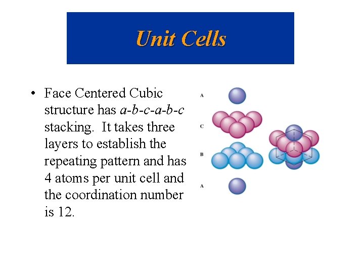 Unit Cells • Face Centered Cubic structure has a-b-c-a-b-c stacking. It takes three layers