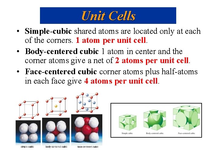 Unit Cells • Simple-cubic shared atoms are located only at each of the corners.