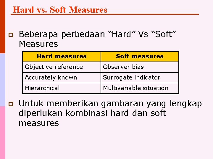 Hard vs. Soft Measures p Beberapa perbedaan “Hard” Vs “Soft” Measures Hard measures p