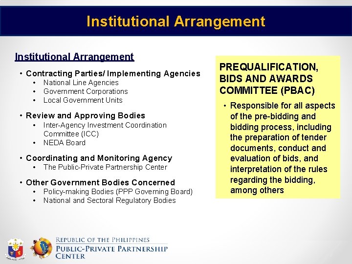Institutional Arrangement • Contracting Parties/ Implementing Agencies • • • National Line Agencies Government