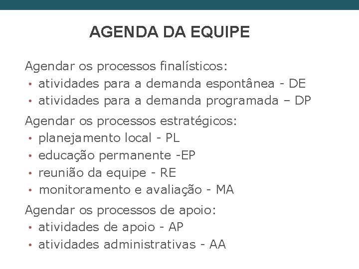 AGENDA DA EQUIPE Agendar os processos finalísticos: • atividades para a demanda espontânea -