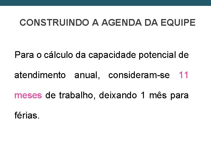 CONSTRUINDO A AGENDA DA EQUIPE Para o cálculo da capacidade potencial de atendimento anual,