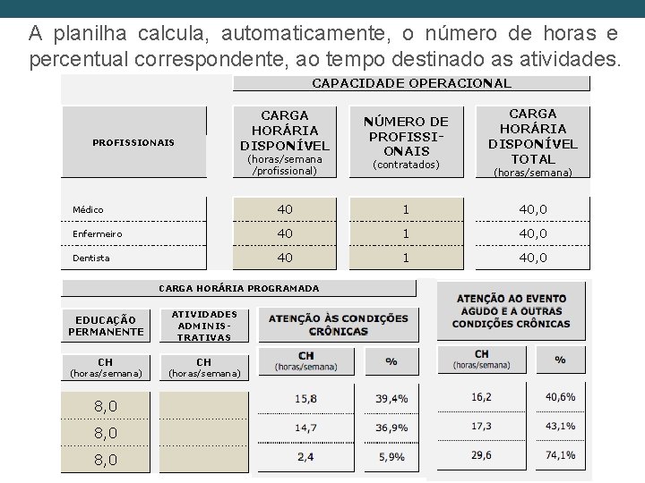 A planilha calcula, automaticamente, o número de horas e percentual correspondente, ao tempo destinado