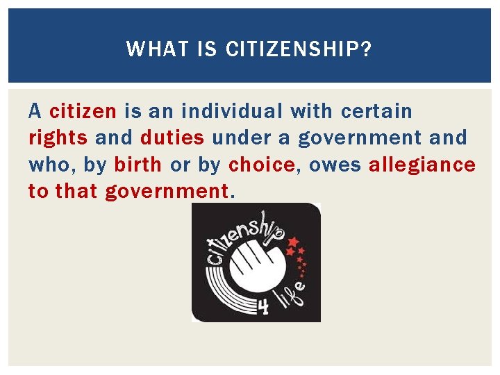 WHAT IS CITIZENSHIP? A citizen is an individual with certain rights and duties under WHAT IS CITIZENSHIP? A citizen is an individual with certain rights and duties under