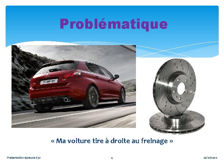 Problématique « Ma voiture tire à droite au freinage » Présentation épreuve E 32