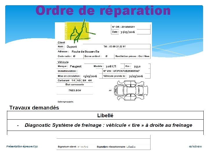 Ordre de réparation 31/03/2016 Dupont Route de Bosserville Peugeot 308 GTI 15/03/2016 Présentation épreuve