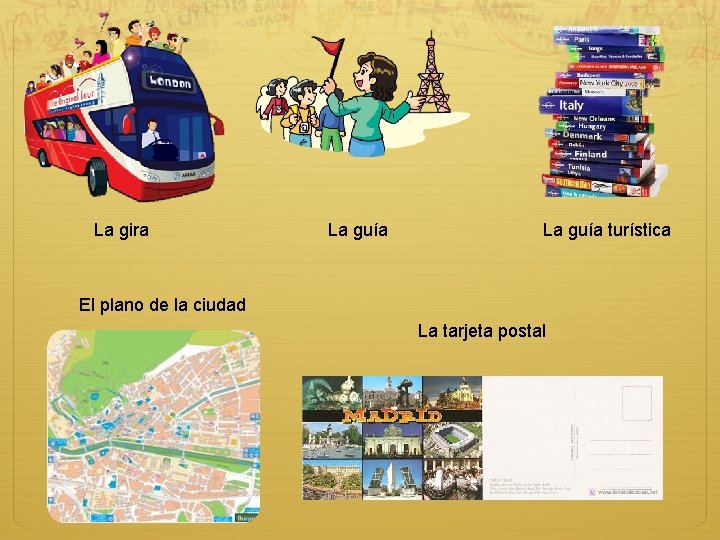 La gira La guía turística El plano de la ciudad La tarjeta postal 