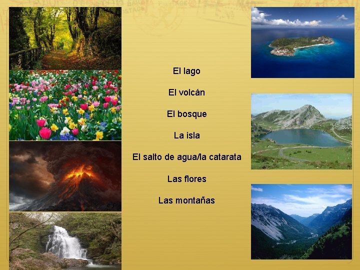 El lago El volcán El bosque La isla El salto de agua/la catarata Las