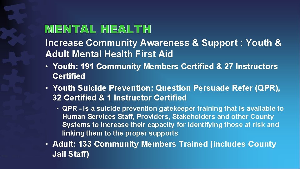 MENTAL HEALTH Increase Community Awareness & Support : Youth & Adult Mental Health First