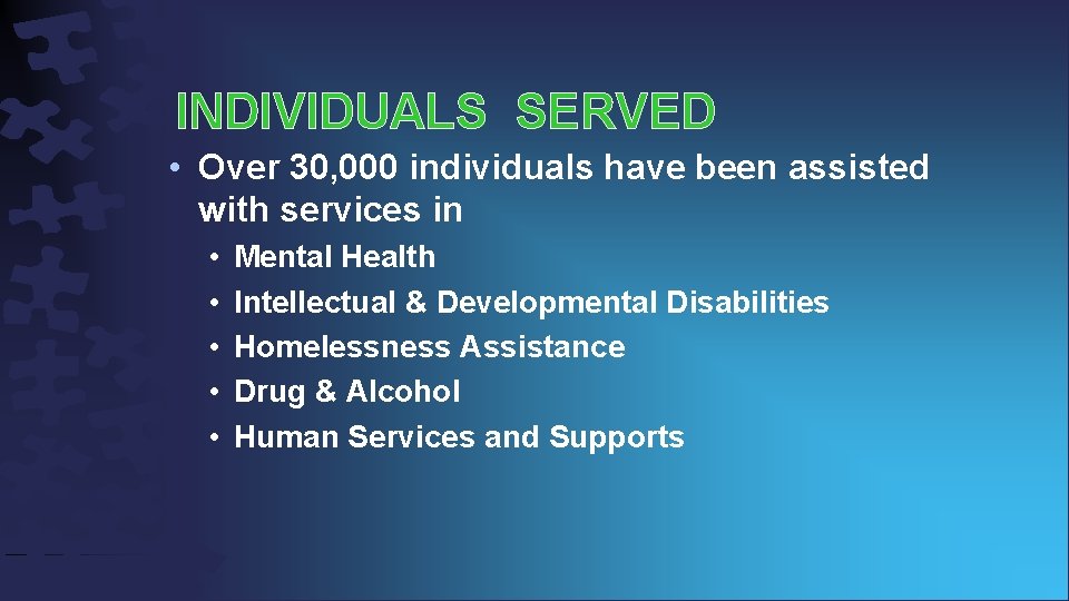 INDIVIDUALS SERVED • Over 30, 000 individuals have been assisted with services in •