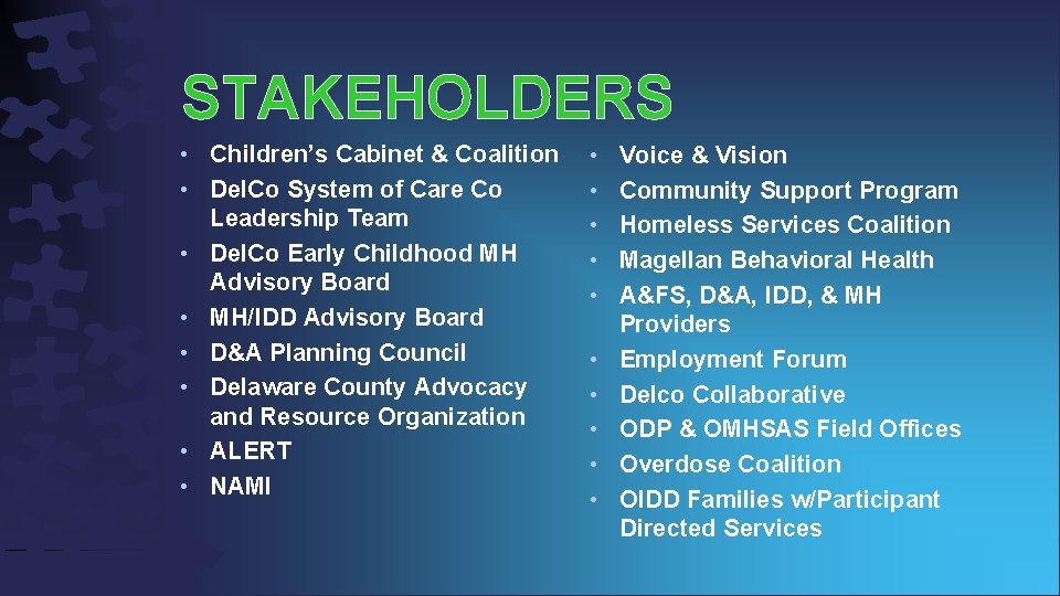 STAKEHOLDERS • Children’s Cabinet & Coalition • Del. Co System of Care Co Leadership