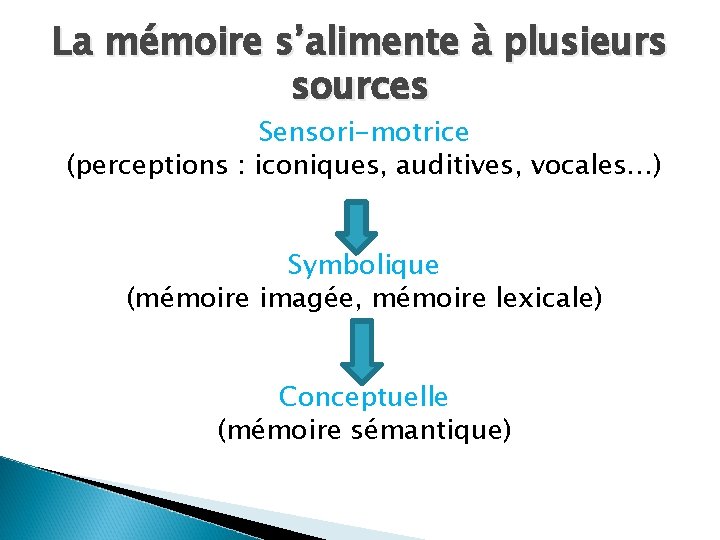 La mémoire s’alimente à plusieurs sources Sensori-motrice (perceptions : iconiques, auditives, vocales…) Symbolique (mémoire