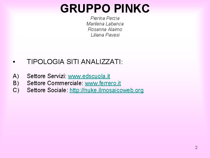 GRUPPO PINKC Pierina Perzia Marilena Labanca Rosanna Alaimo Liliana Pavesi • TIPOLOGIA SITI ANALIZZATI: