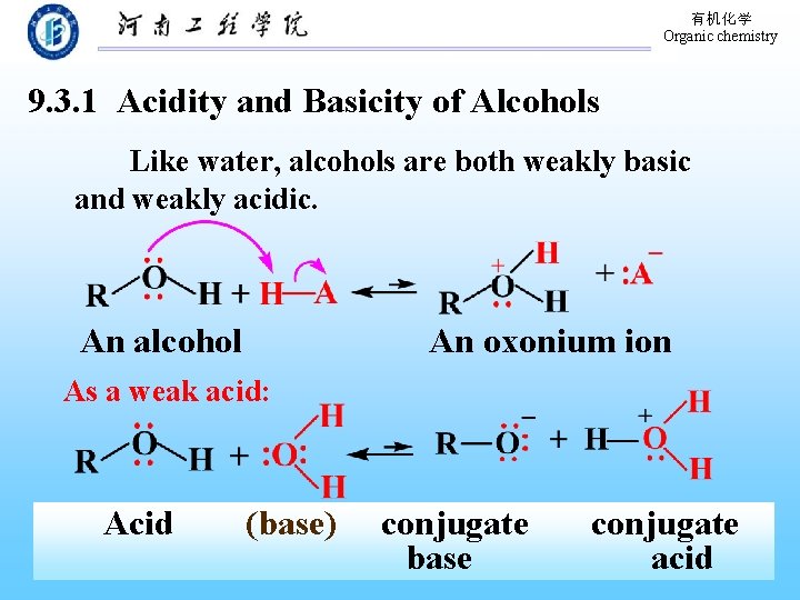 有机化学 Organic chemistry 9. 3. 1 Acidity and Basicity of Alcohols Like water, alcohols