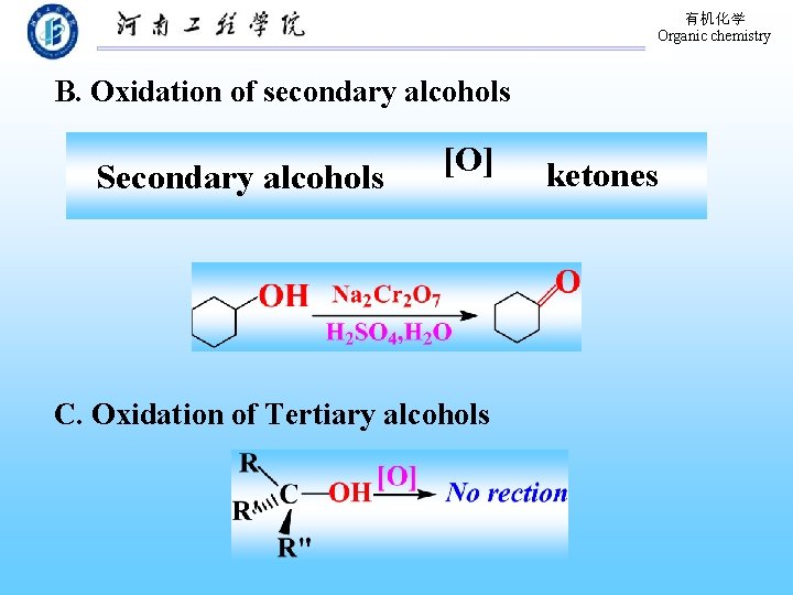 有机化学 Organic chemistry B. Oxidation of secondary alcohols Secondary alcohols [O] C. Oxidation of