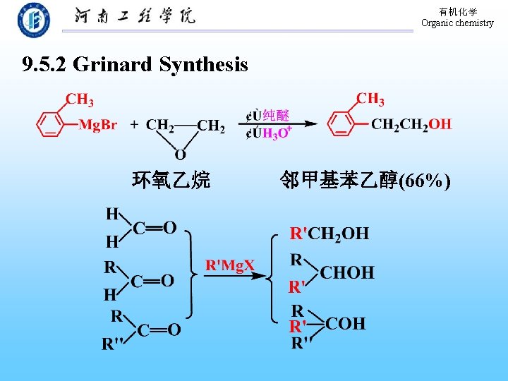 有机化学 Organic chemistry 9. 5. 2 Grinard Synthesis 环氧乙烷 邻甲基苯乙醇(66%) 