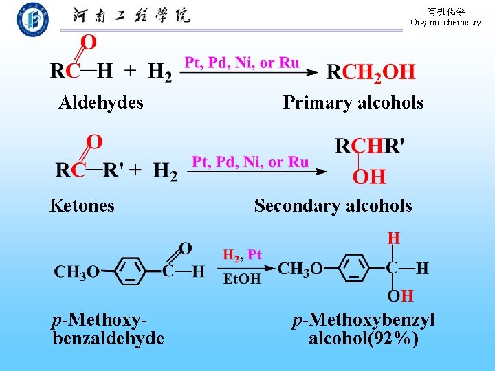 有机化学 Organic chemistry Aldehydes Ketones p-Methoxybenzaldehyde Primary alcohols Secondary alcohols p-Methoxybenzyl alcohol(92%) 