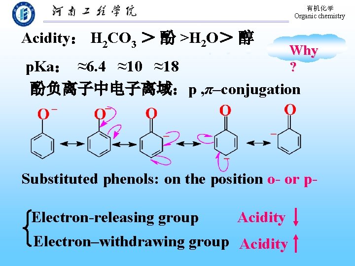 有机化学 Organic chemistry Acidity： H 2 CO 3 ＞ 酚 >H 2 O＞ 醇