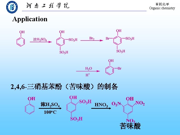 有机化学 Organic chemistry Application 2, 4, 6 -三硝基苯酚（苦味酸）的制备 浓H 2 SO 4 HNO 3