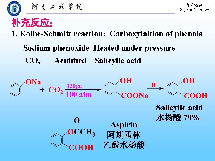 有机化学 Organic chemistry 补充反应： 1. Kolbe-Schmitt reaction：Carboxylaltion of phenols Sodium phenoxide Heated under pressure