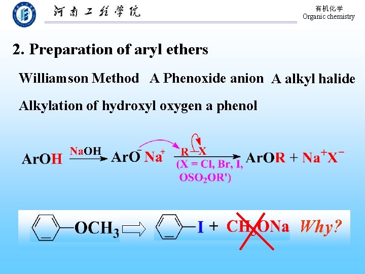 有机化学 Organic chemistry 2. Preparation of aryl ethers Williamson Method A Phenoxide anion A