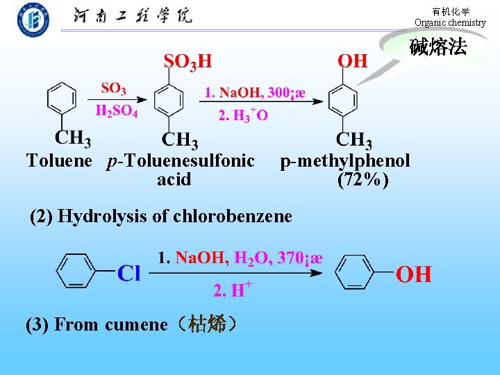 有机化学 Organic chemistry 碱熔法 Toluene p-Toluenesulfonic acid p-methylphenol (72%) (2) Hydrolysis of chlorobenzene (3)