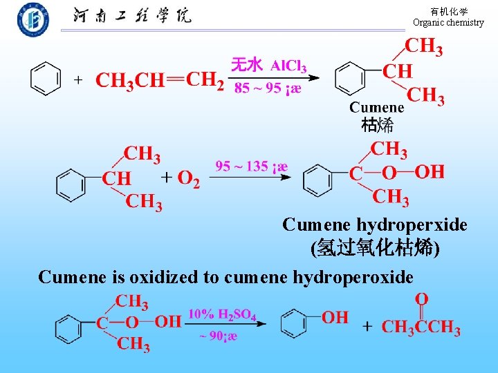 有机化学 Organic chemistry Cumene hydroperxide (氢过氧化枯烯) Cumene is oxidized to cumene hydroperoxide 