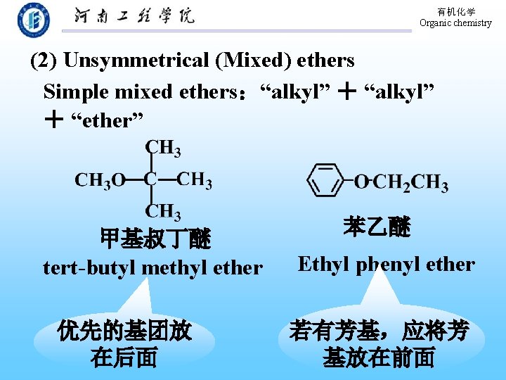 有机化学 Organic chemistry (2) Unsymmetrical (Mixed) ethers Simple mixed ethers：“alkyl” ＋ “ether” 甲基叔丁醚 tert-butyl