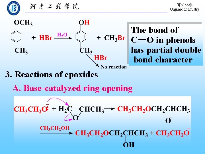 有机化学 Organic chemistry The bond of C－O in phenols has partial double bond character