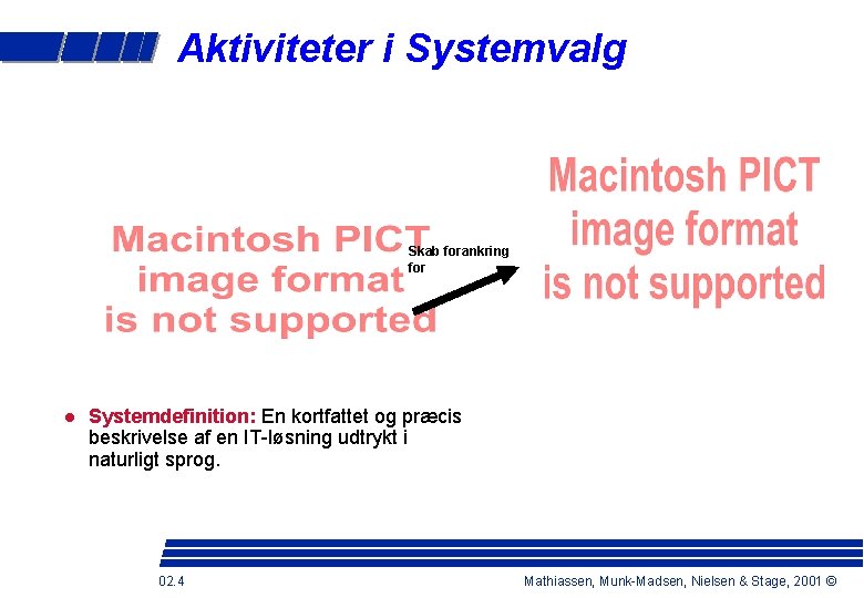 Aktiviteter i Systemvalg Skab forankring for Systemdefinition: En kortfattet og præcis beskrivelse af en