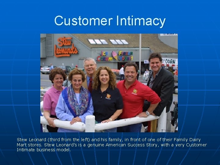 Customer Intimacy Stew Leonard (third from the left) and his family, in front of