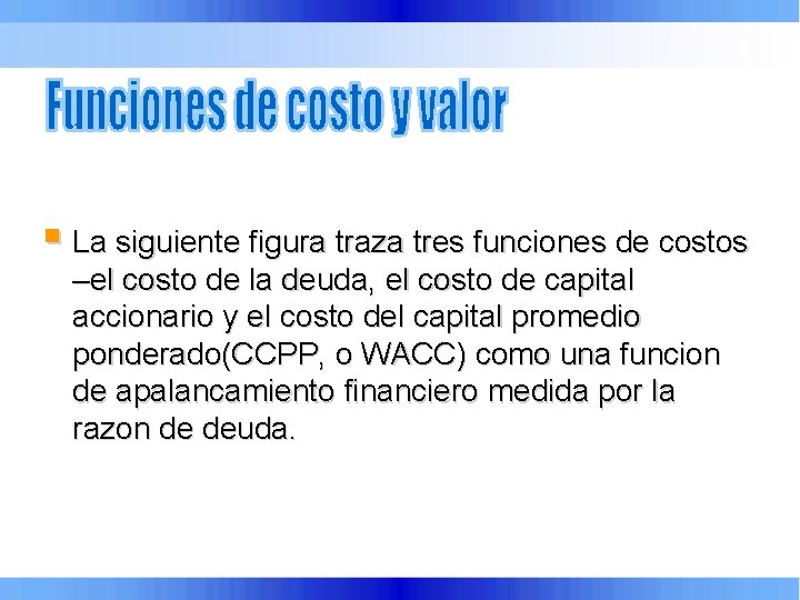 § La siguiente figura traza tres funciones de costos –el costo de la deuda,