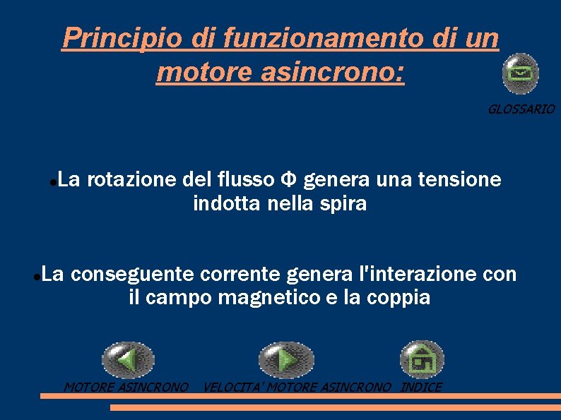 Principio di funzionamento di un motore asincrono: GLOSSARIO La rotazione del flusso Φ genera Principio di funzionamento di un motore asincrono: GLOSSARIO La rotazione del flusso Φ genera
