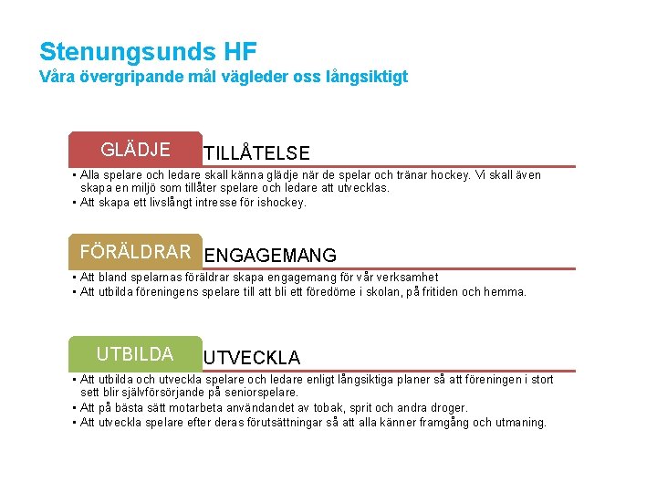 Stenungsunds HF Våra övergripande mål vägleder oss långsiktigt GLÄDJE TILLÅTELSE • Alla spelare och