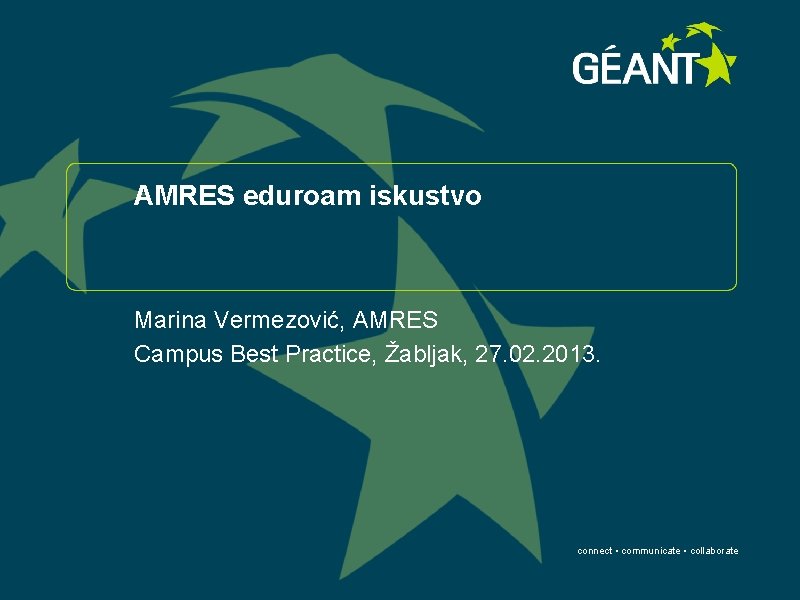 AMRES eduroam iskustvo Marina Vermezović, AMRES Campus Best Practice, Žabljak, 27. 02. 2013. connect