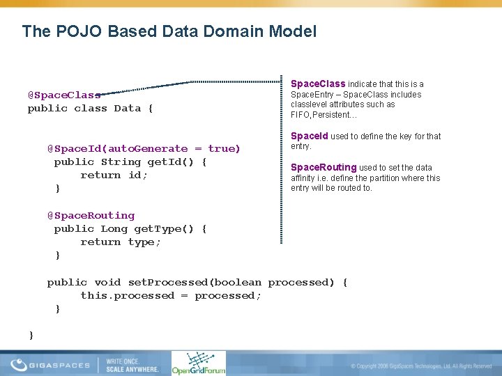 The POJO Based Data Domain Model @Space. Class public class Data { Space. Class