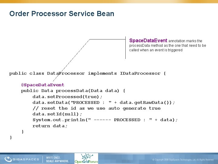 Order Processor Service Bean Space. Data. Event annotation marks the process. Data method as